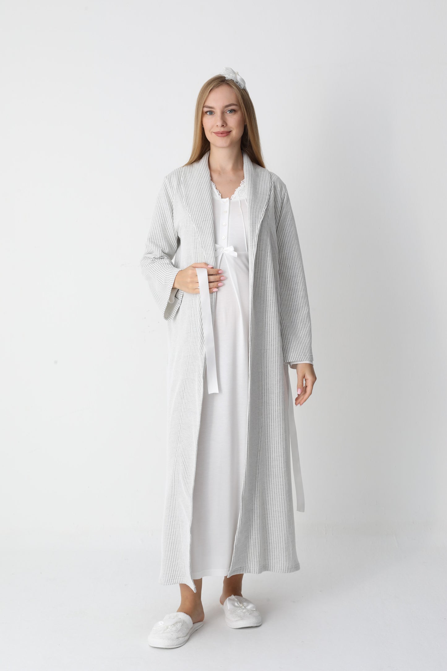 Dantel Yakalı Çizgili Sabahlıklı Lohusa Gecelik Takımı - 2305