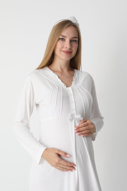 Dantel Yakalı Çizgili Sabahlıklı Lohusa Gecelik Takımı - 2305