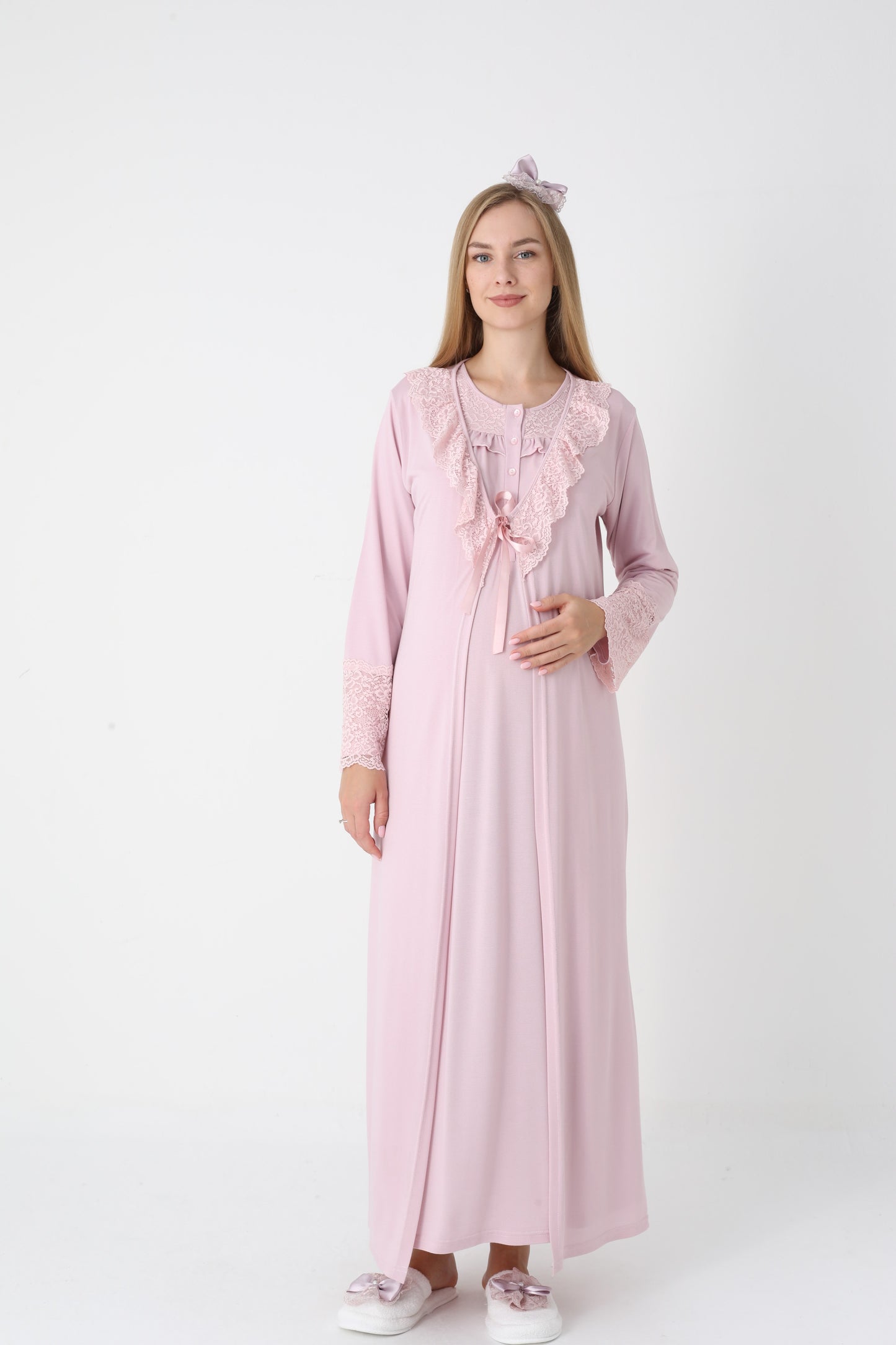 Dantel Yakalı Önden Düğmeli Sabahlıklı Lohusa Gecelik Takımı - 2306