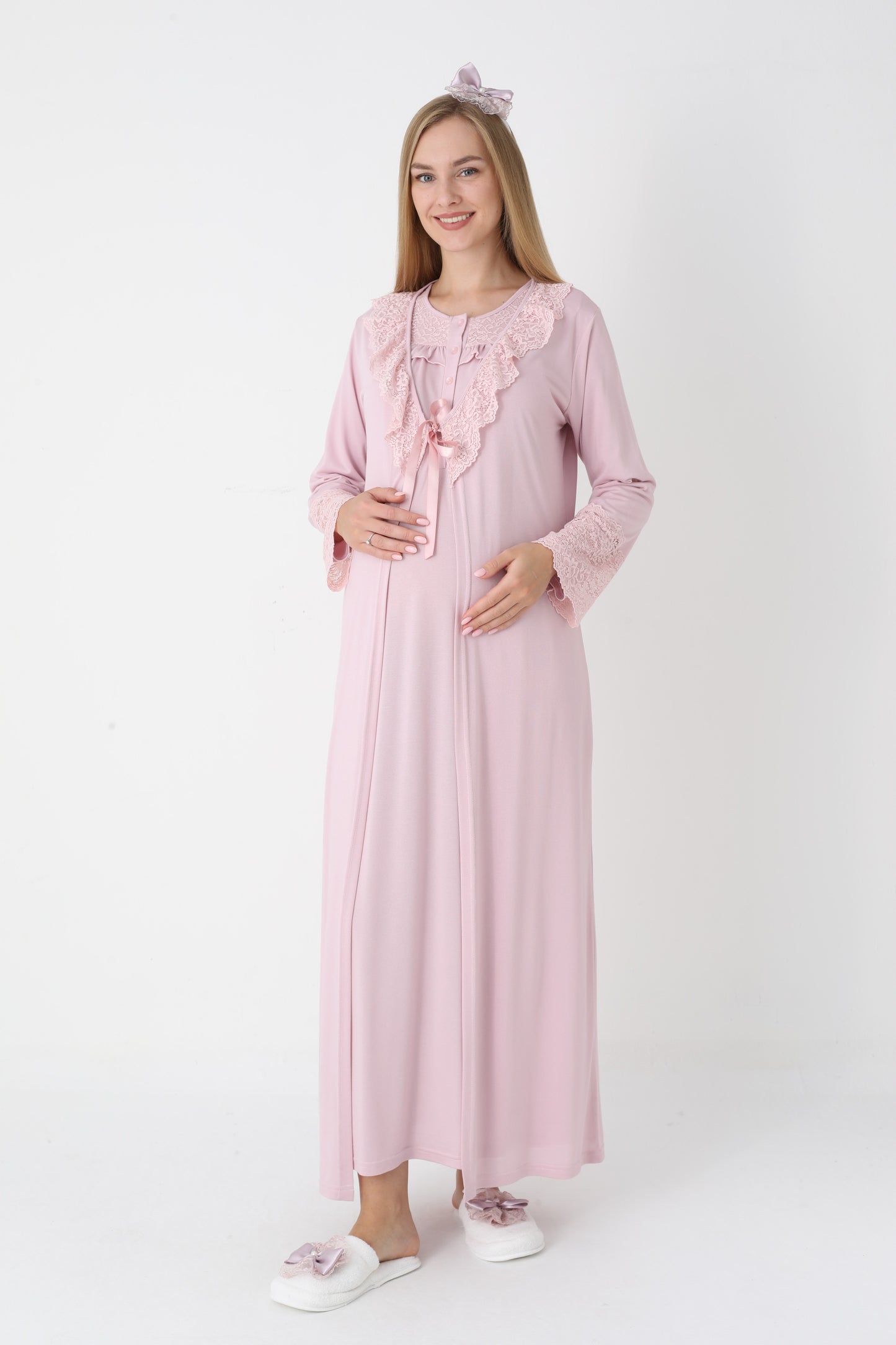 Dantel Yakalı Önden Düğmeli Sabahlıklı Lohusa Gecelik Takımı - 2306