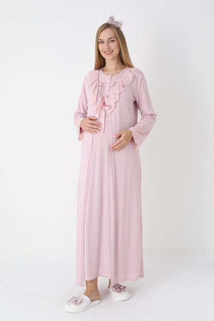 Dantel Yakalı Önden Düğmeli Sabahlıklı Lohusa Gecelik Takımı - 2306