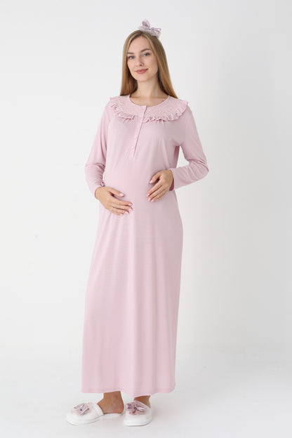 Dantel Yakalı Önden Düğmeli Sabahlıklı Lohusa Gecelik Takımı - 2306