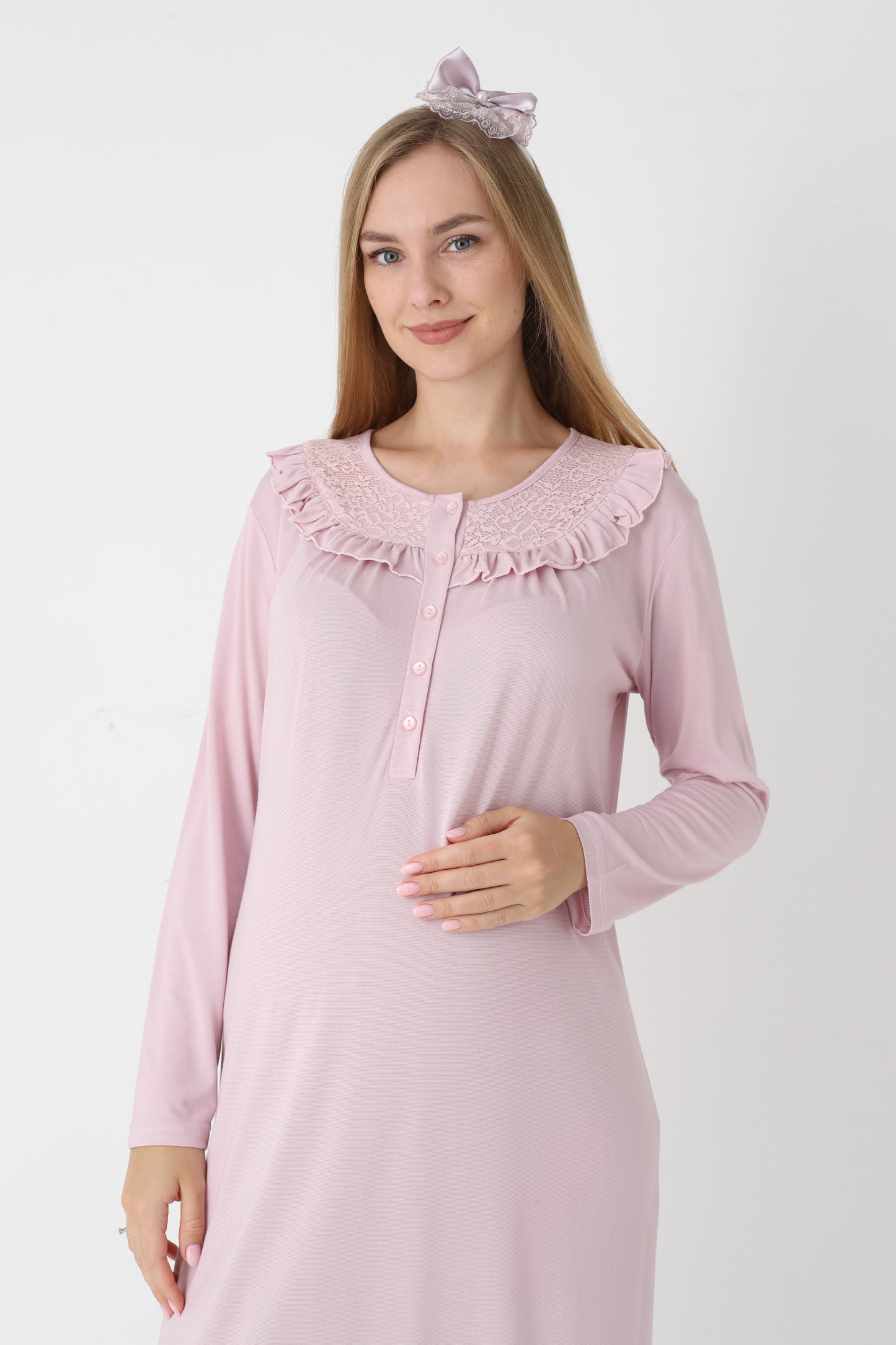 Dantel Yakalı Önden Düğmeli Sabahlıklı Lohusa Gecelik Takımı - 2306