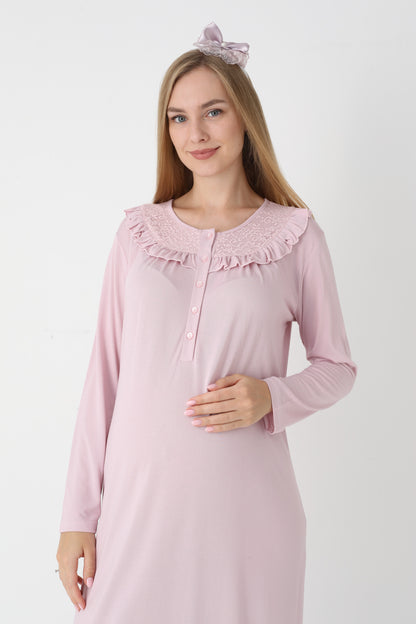 Dantel Yakalı Önden Düğmeli Sabahlıklı Lohusa Gecelik Takımı - 2306