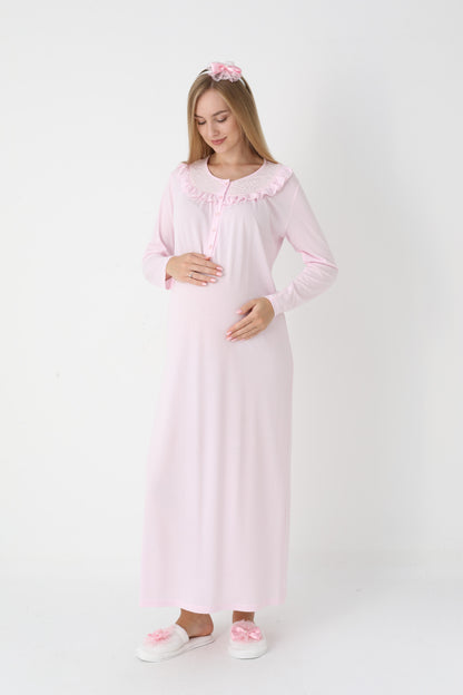 Dantel Yakalı Önden Düğmeli Sabahlıklı Lohusa Gecelik Takımı - 2306