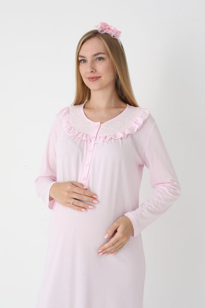 Dantel Yakalı Önden Düğmeli Sabahlıklı Lohusa Gecelik Takımı - 2306