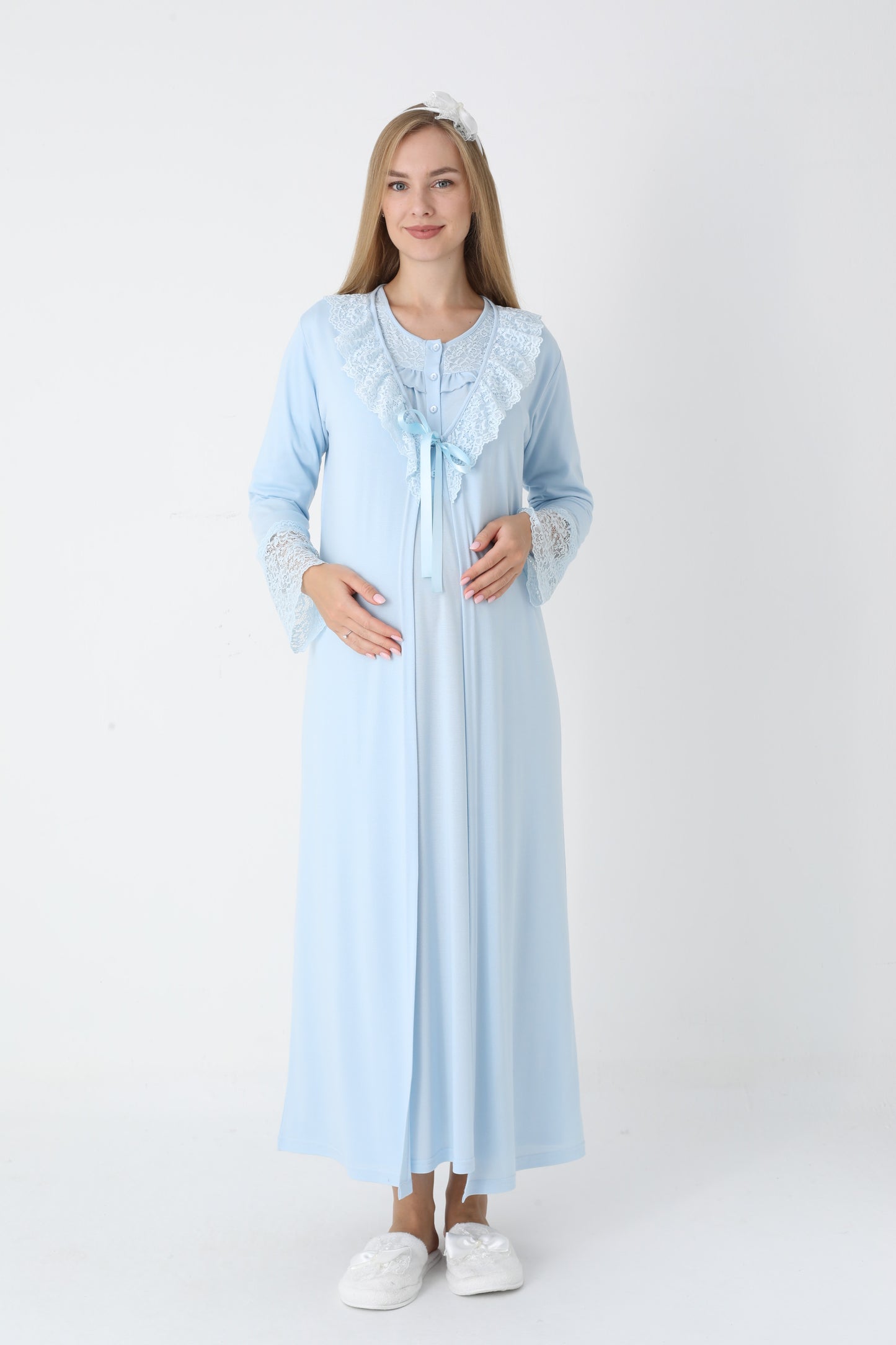 Dantel Yakalı Önden Düğmeli Sabahlıklı Lohusa Gecelik Takımı - 2306