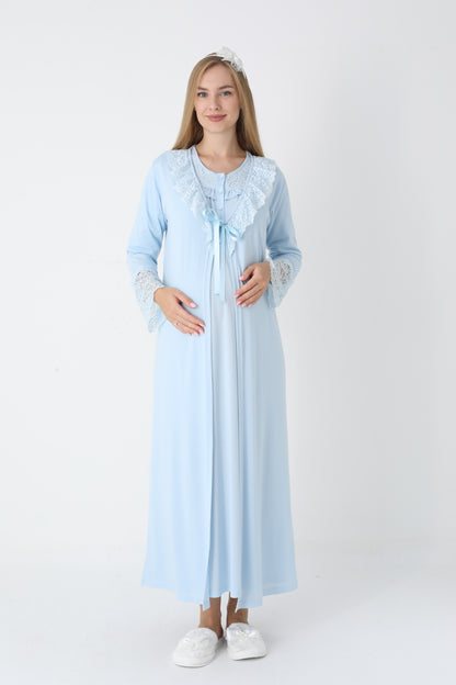 Dantel Yakalı Önden Düğmeli Sabahlıklı Lohusa Gecelik Takımı - 2306