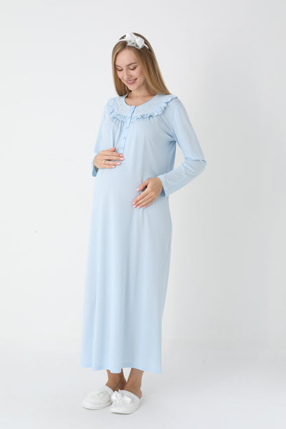 Dantel Yakalı Önden Düğmeli Sabahlıklı Lohusa Gecelik Takımı - 2306