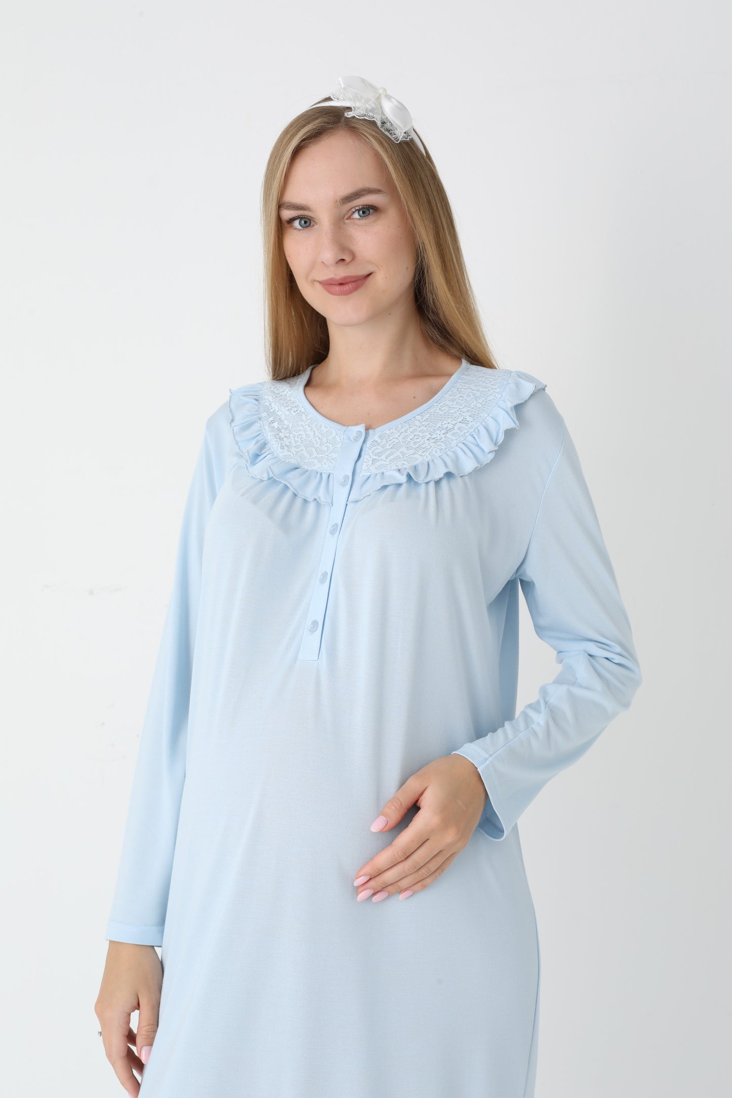 Dantel Yakalı Önden Düğmeli Sabahlıklı Lohusa Gecelik Takımı - 2306