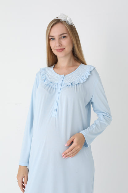 Dantel Yakalı Önden Düğmeli Sabahlıklı Lohusa Gecelik Takımı - 2306