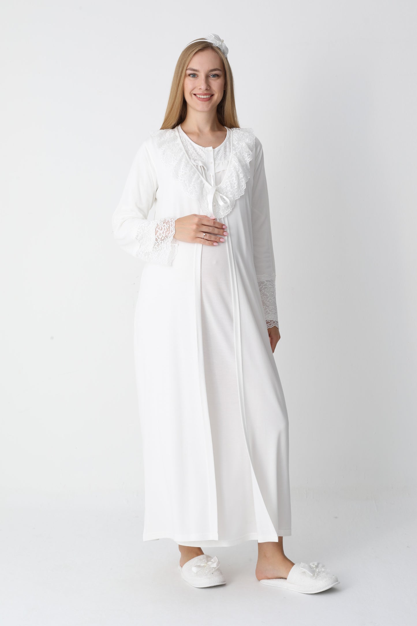 Dantel Yakalı Önden Düğmeli Sabahlıklı Lohusa Gecelik Takımı - 2306