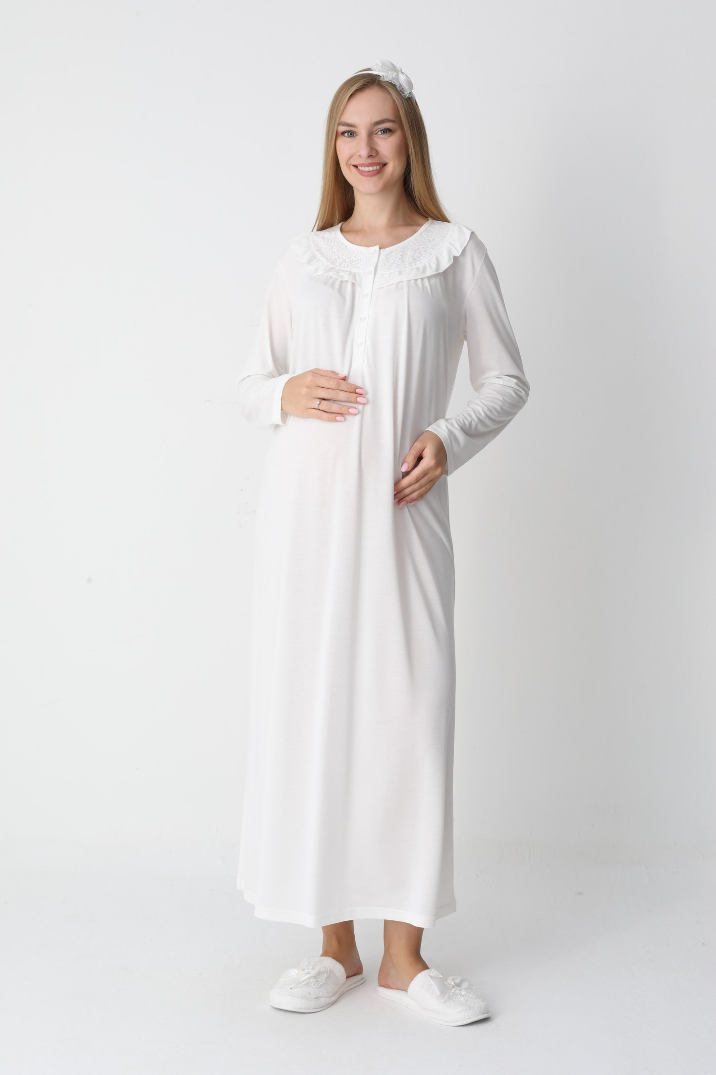 Dantel Yakalı Önden Düğmeli Sabahlıklı Lohusa Gecelik Takımı - 2306