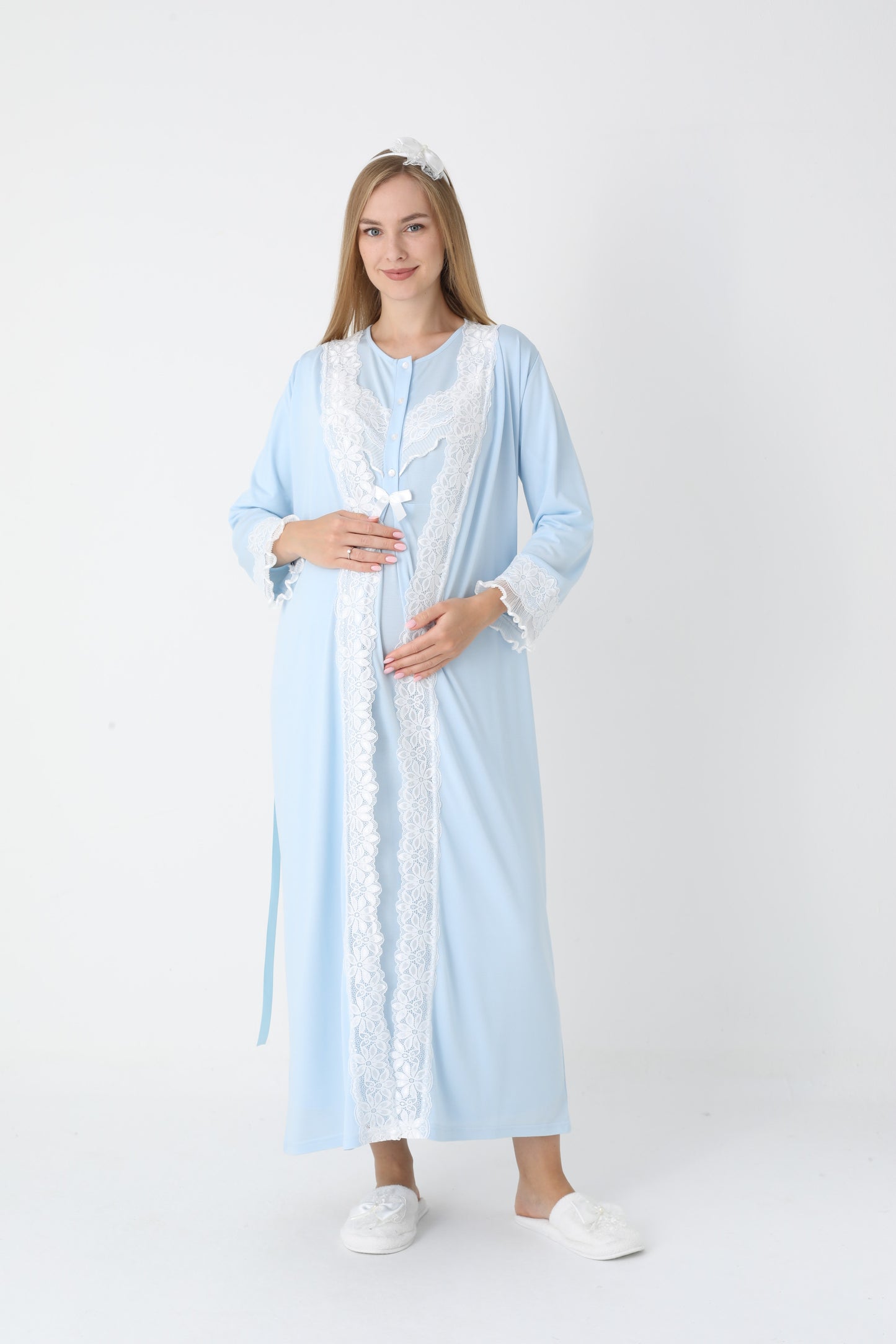 Önden Düğmeli Dantel Şeritli Sabahlıklı Lohusa Gecelik Takımı - 2307