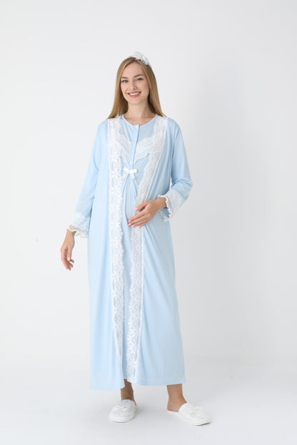 Önden Düğmeli Dantel Şeritli Sabahlıklı Lohusa Gecelik Takımı - 2307
