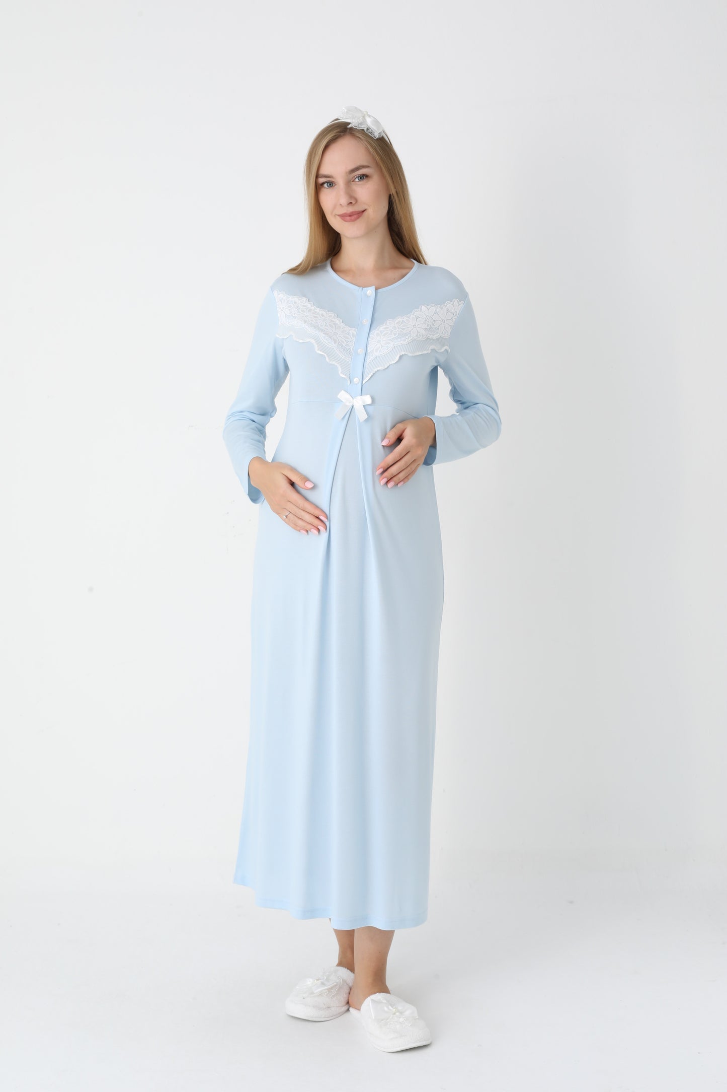 Önden Düğmeli Dantel Şeritli Sabahlıklı Lohusa Gecelik Takımı - 2307