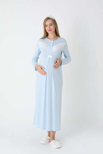 Önden Düğmeli Dantel Şeritli Sabahlıklı Lohusa Gecelik Takımı - 2307