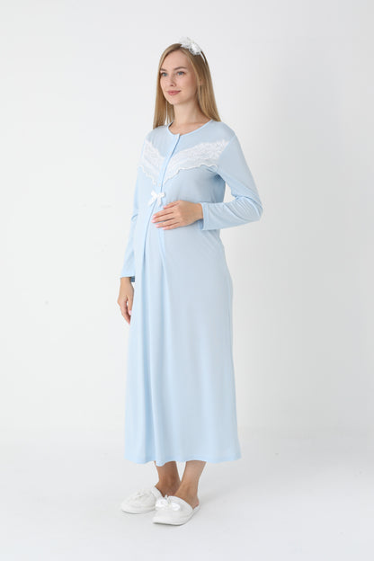 Önden Düğmeli Dantel Şeritli Sabahlıklı Lohusa Gecelik Takımı - 2307