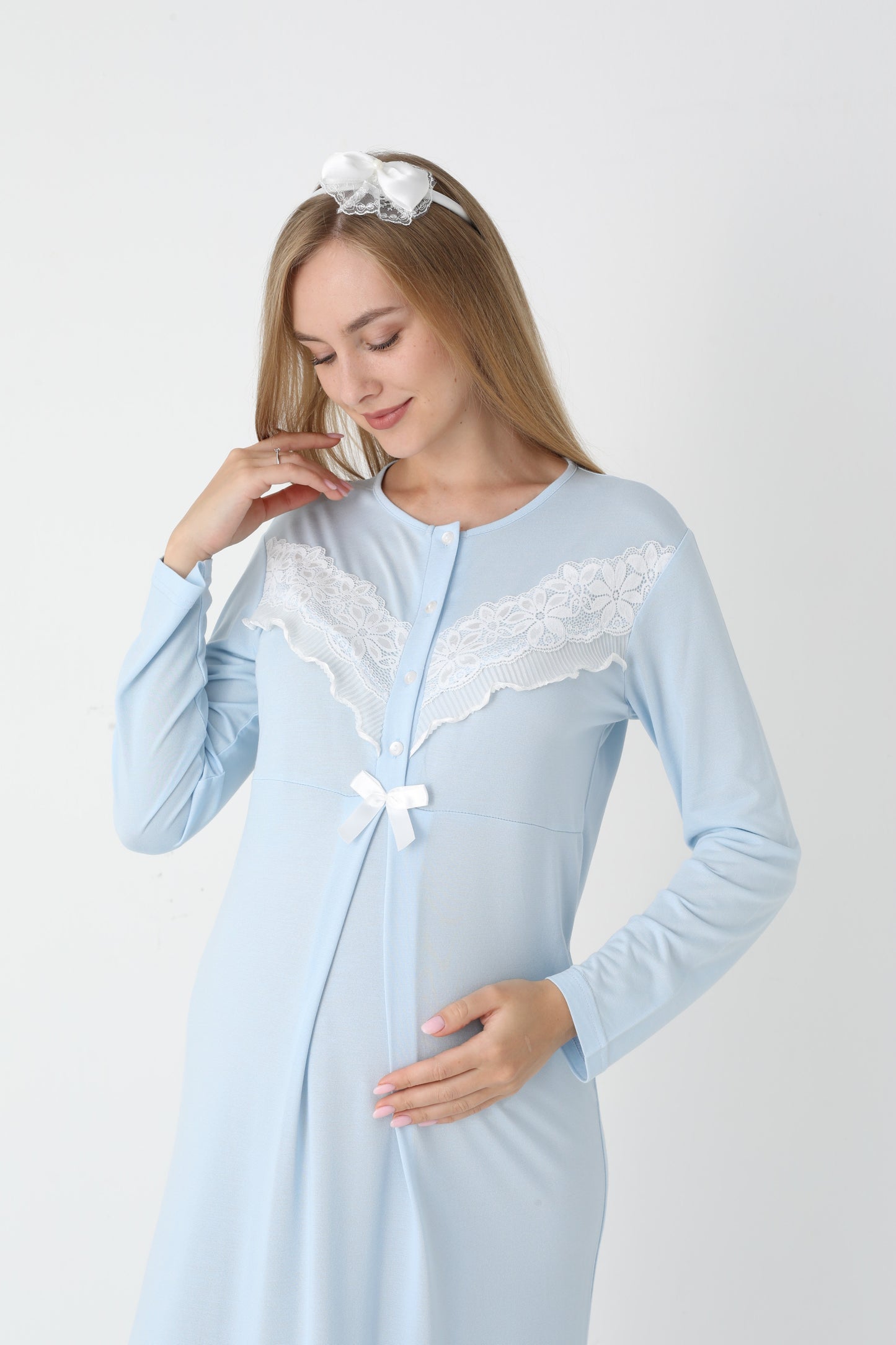 Önden Düğmeli Dantel Şeritli Sabahlıklı Lohusa Gecelik Takımı - 2307