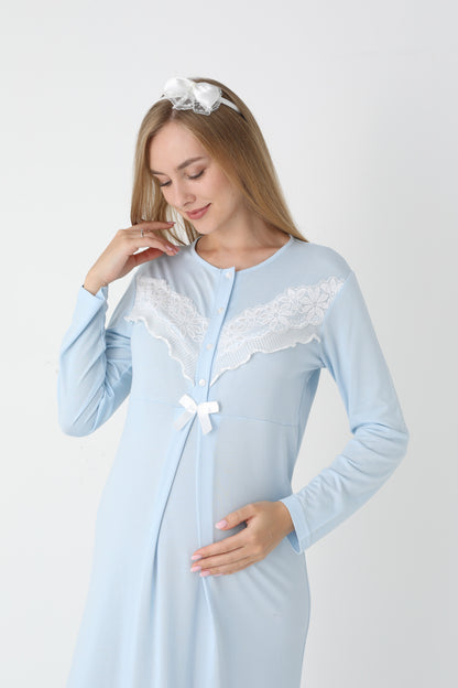 Önden Düğmeli Dantel Şeritli Sabahlıklı Lohusa Gecelik Takımı - 2307