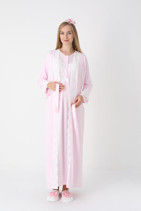 Önden Düğmeli Dantel Şeritli Sabahlıklı Lohusa Gecelik Takımı - 2307