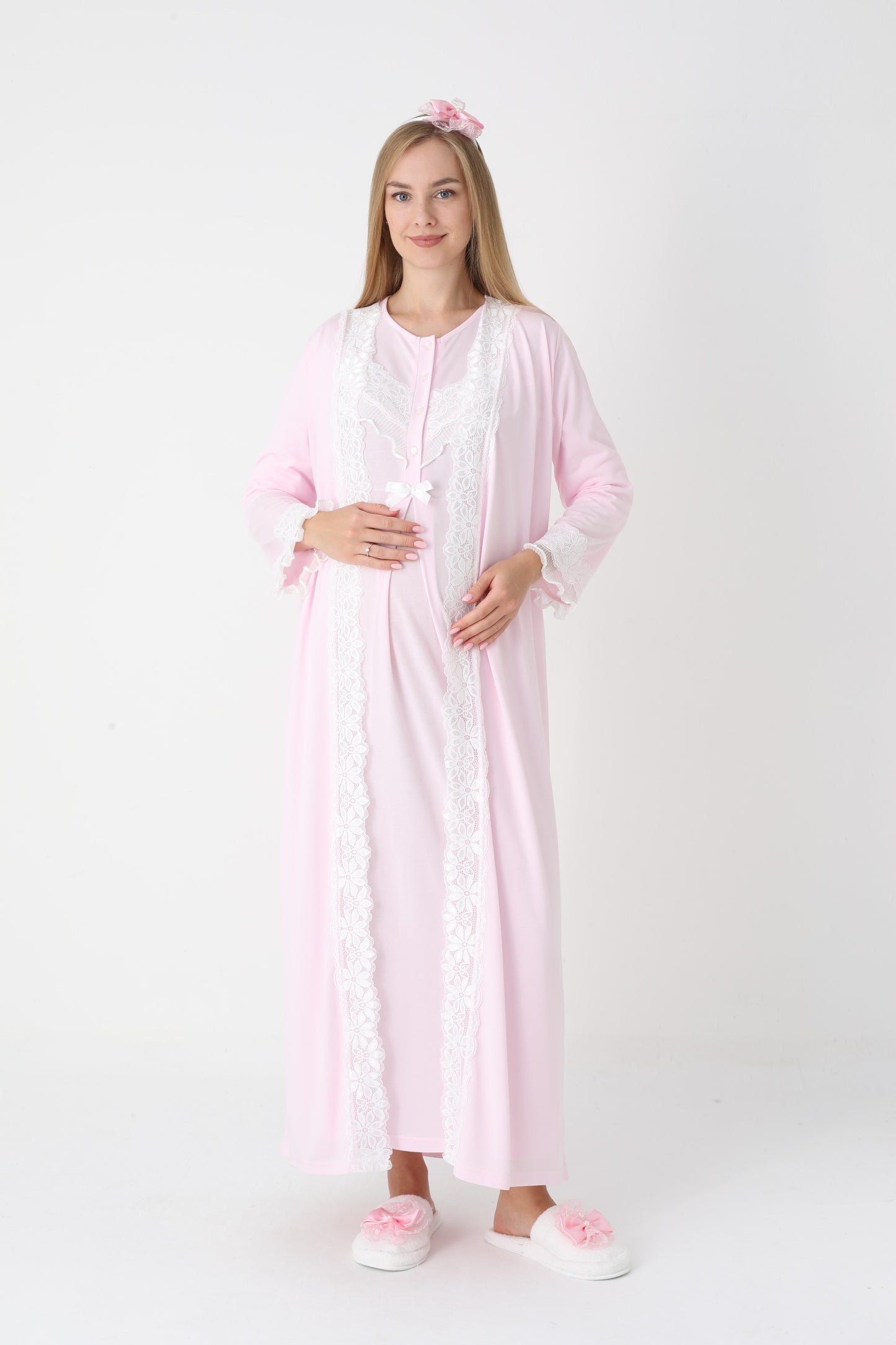 Önden Düğmeli Dantel Şeritli Sabahlıklı Lohusa Gecelik Takımı - 2307