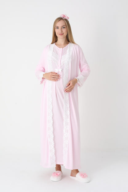 Önden Düğmeli Dantel Şeritli Sabahlıklı Lohusa Gecelik Takımı - 2307