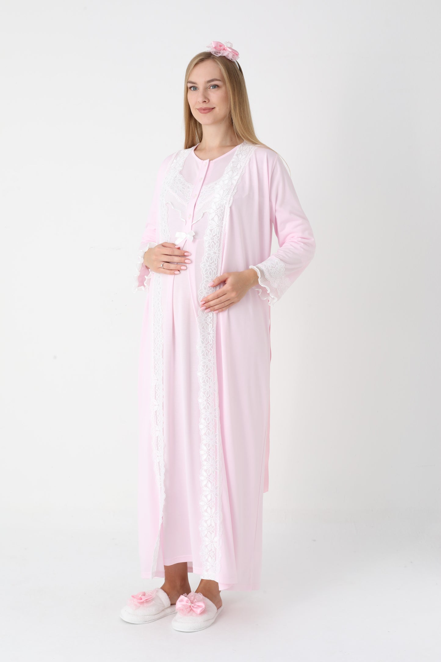 Önden Düğmeli Dantel Şeritli Sabahlıklı Lohusa Gecelik Takımı - 2307