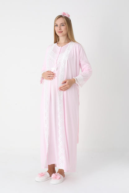 Önden Düğmeli Dantel Şeritli Sabahlıklı Lohusa Gecelik Takımı - 2307