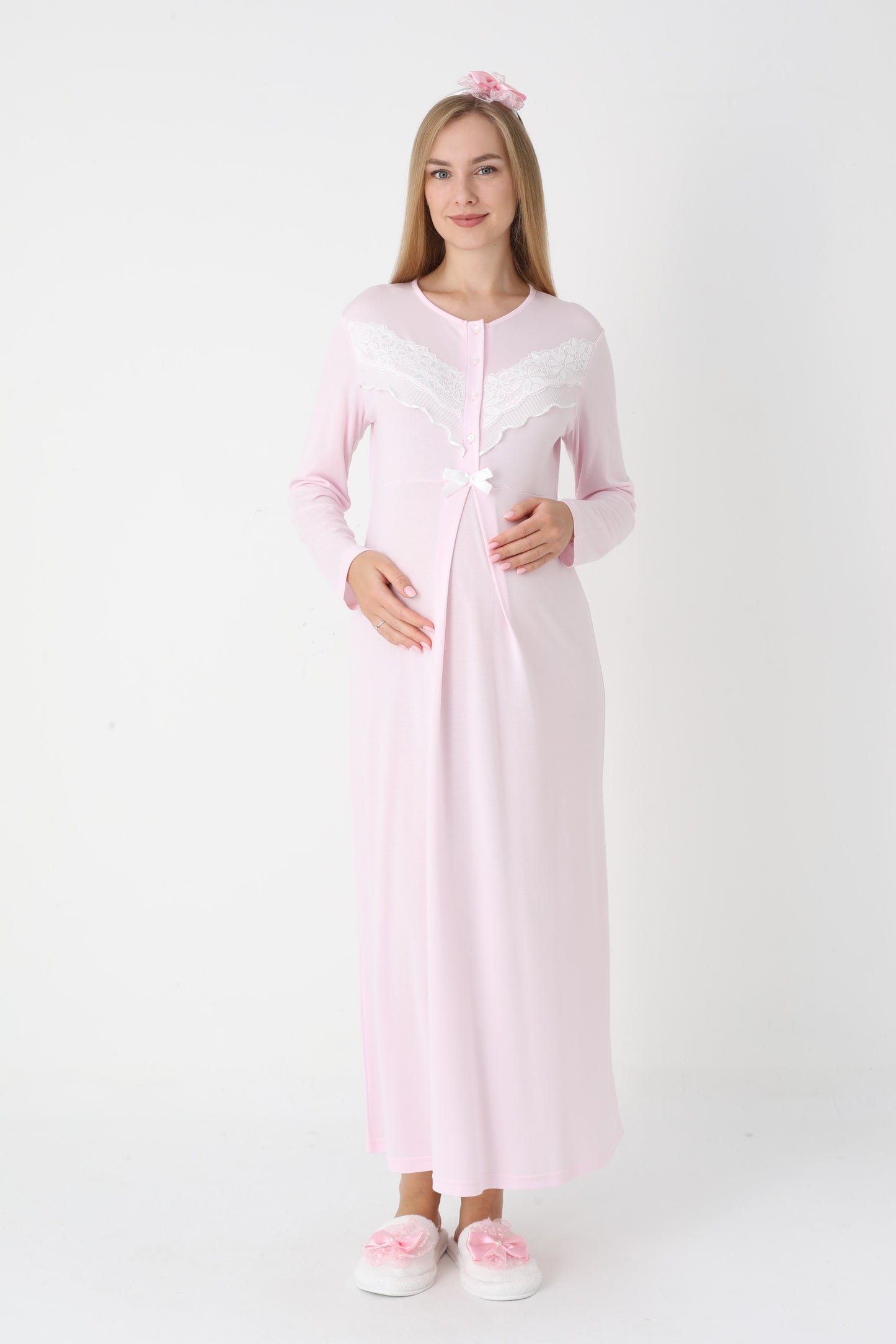 Önden Düğmeli Dantel Şeritli Sabahlıklı Lohusa Gecelik Takımı - 2307