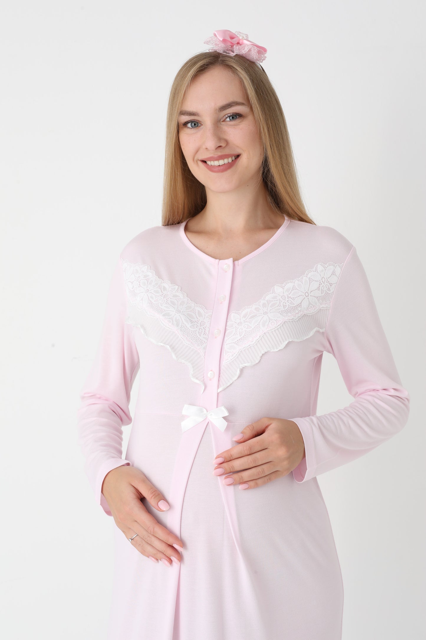 Önden Düğmeli Dantel Şeritli Sabahlıklı Lohusa Gecelik Takımı - 2307