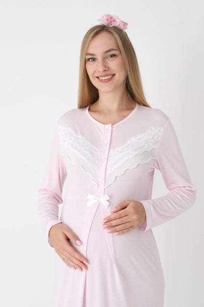 Önden Düğmeli Dantel Şeritli Sabahlıklı Lohusa Gecelik Takımı - 2307