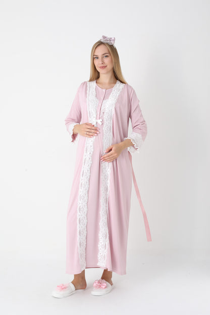 Önden Düğmeli Dantel Şeritli Sabahlıklı Lohusa Gecelik Takımı - 2307