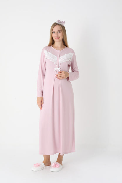 Önden Düğmeli Dantel Şeritli Sabahlıklı Lohusa Gecelik Takımı - 2307