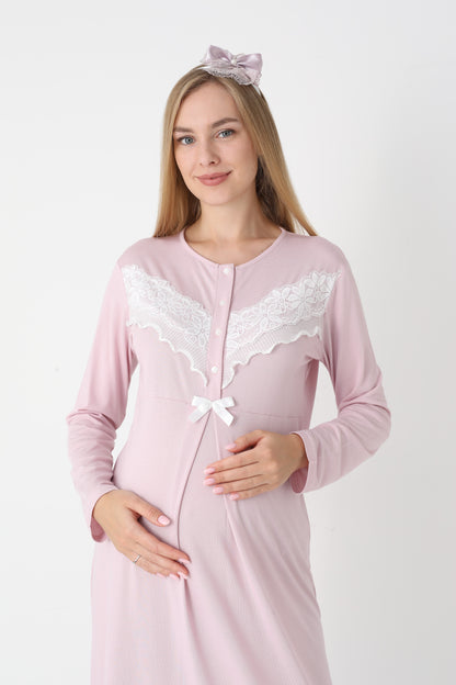 Önden Düğmeli Dantel Şeritli Sabahlıklı Lohusa Gecelik Takımı - 2307