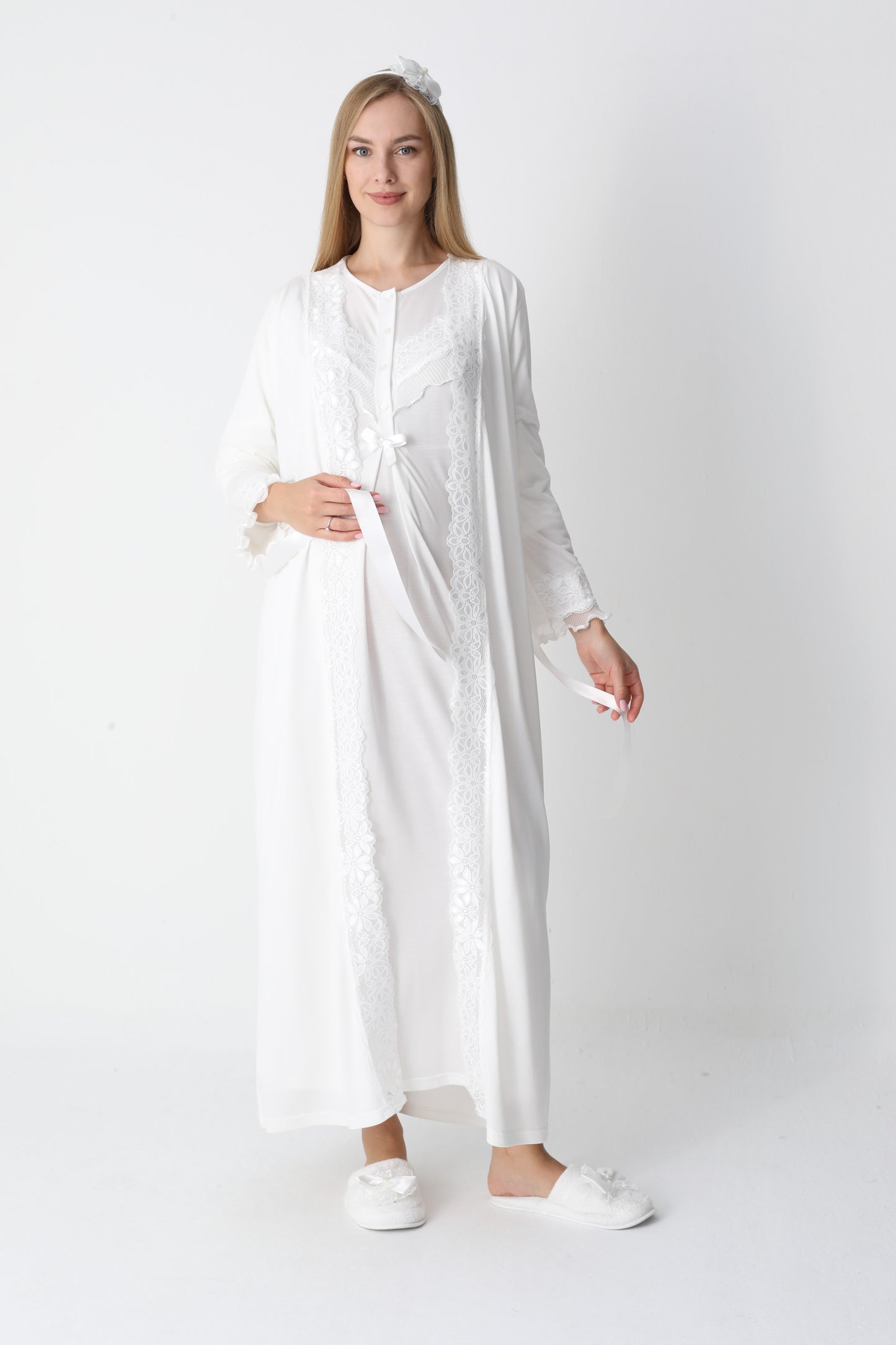 Önden Düğmeli Dantel Şeritli Sabahlıklı Lohusa Gecelik Takımı - 2307