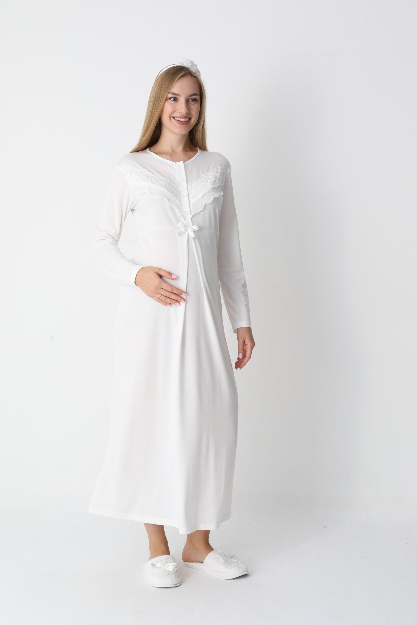 Önden Düğmeli Dantel Şeritli Sabahlıklı Lohusa Gecelik Takımı - 2307