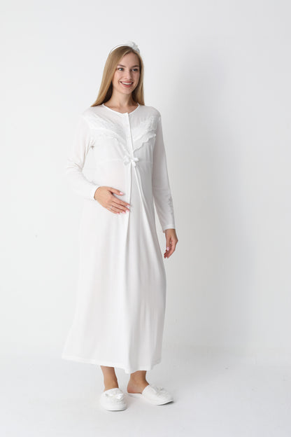 Önden Düğmeli Dantel Şeritli Sabahlıklı Lohusa Gecelik Takımı - 2307