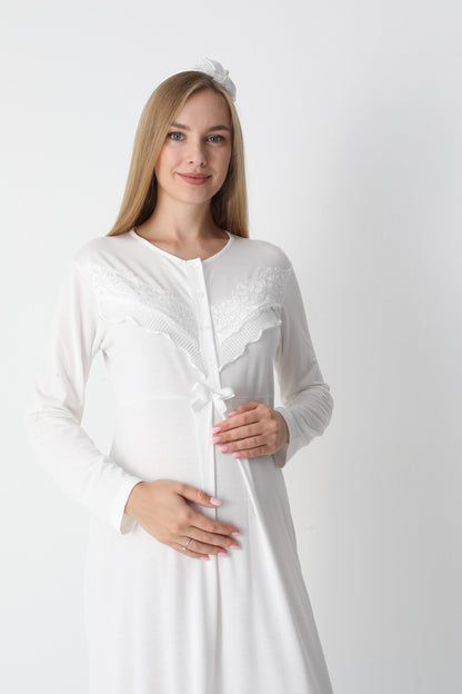 Önden Düğmeli Dantel Şeritli Sabahlıklı Lohusa Gecelik Takımı - 2307