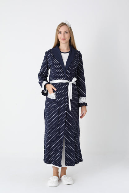 Hamile Lohusa Gecelik & Sabahlık 2’li Set – Puantiyeli Pamuklu Kumaş, Çift Taraflı Düğmeli Emzirme - 2308