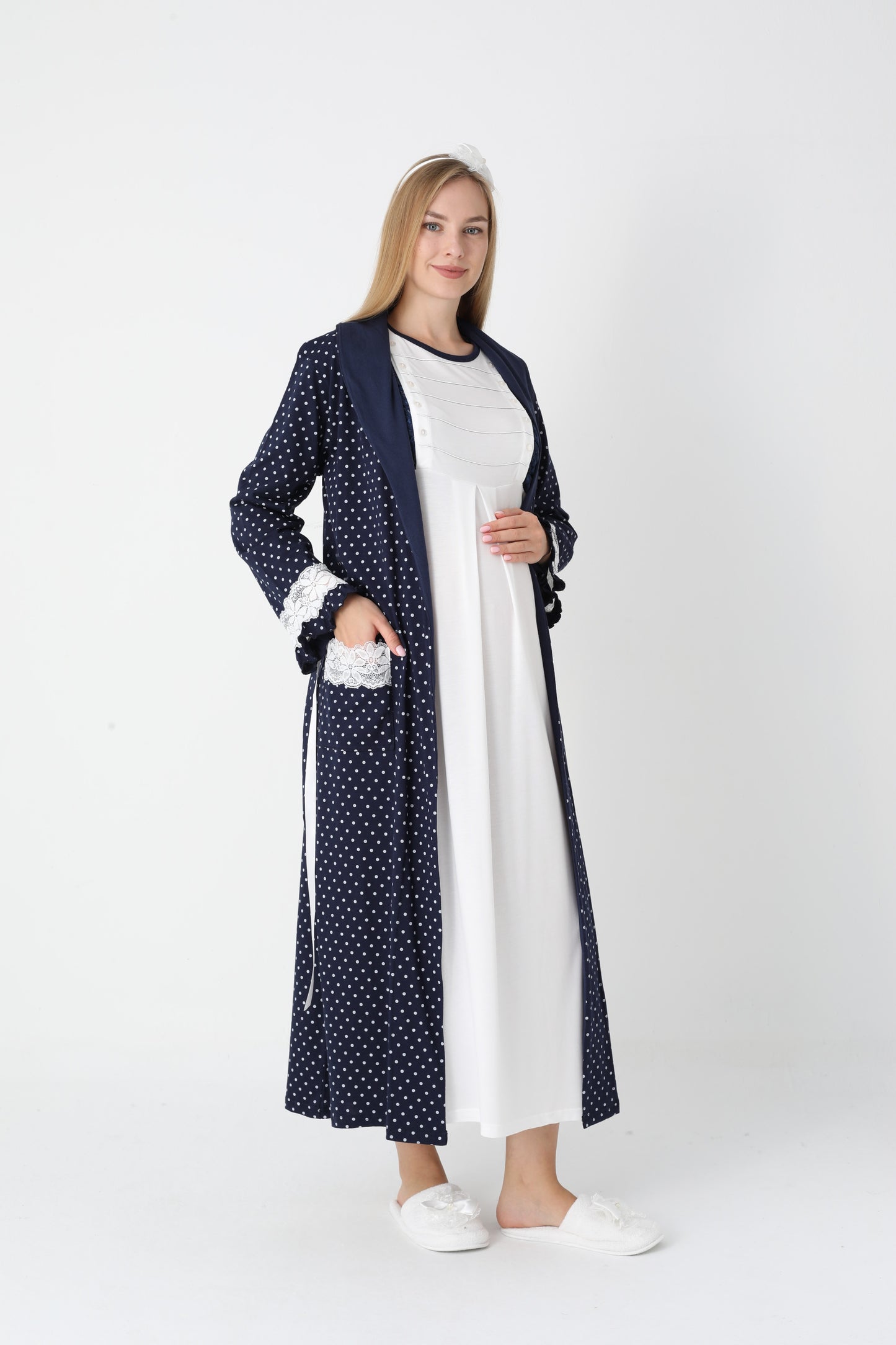 Hamile Lohusa Gecelik & Sabahlık 2’li Set – Puantiyeli Pamuklu Kumaş, Çift Taraflı Düğmeli Emzirme - 2308