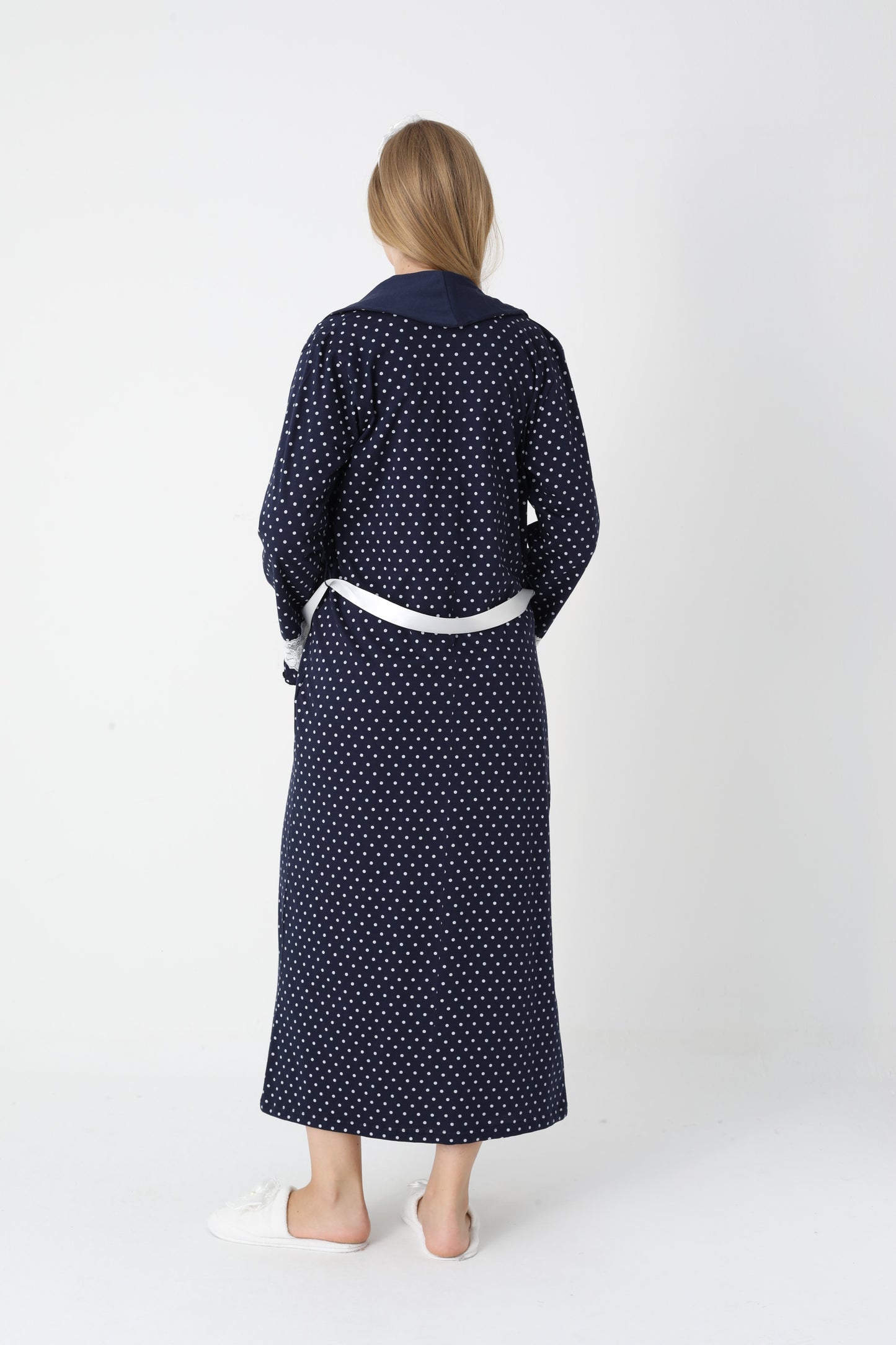 Hamile Lohusa Gecelik & Sabahlık 2’li Set – Puantiyeli Pamuklu Kumaş, Çift Taraflı Düğmeli Emzirme - 2308