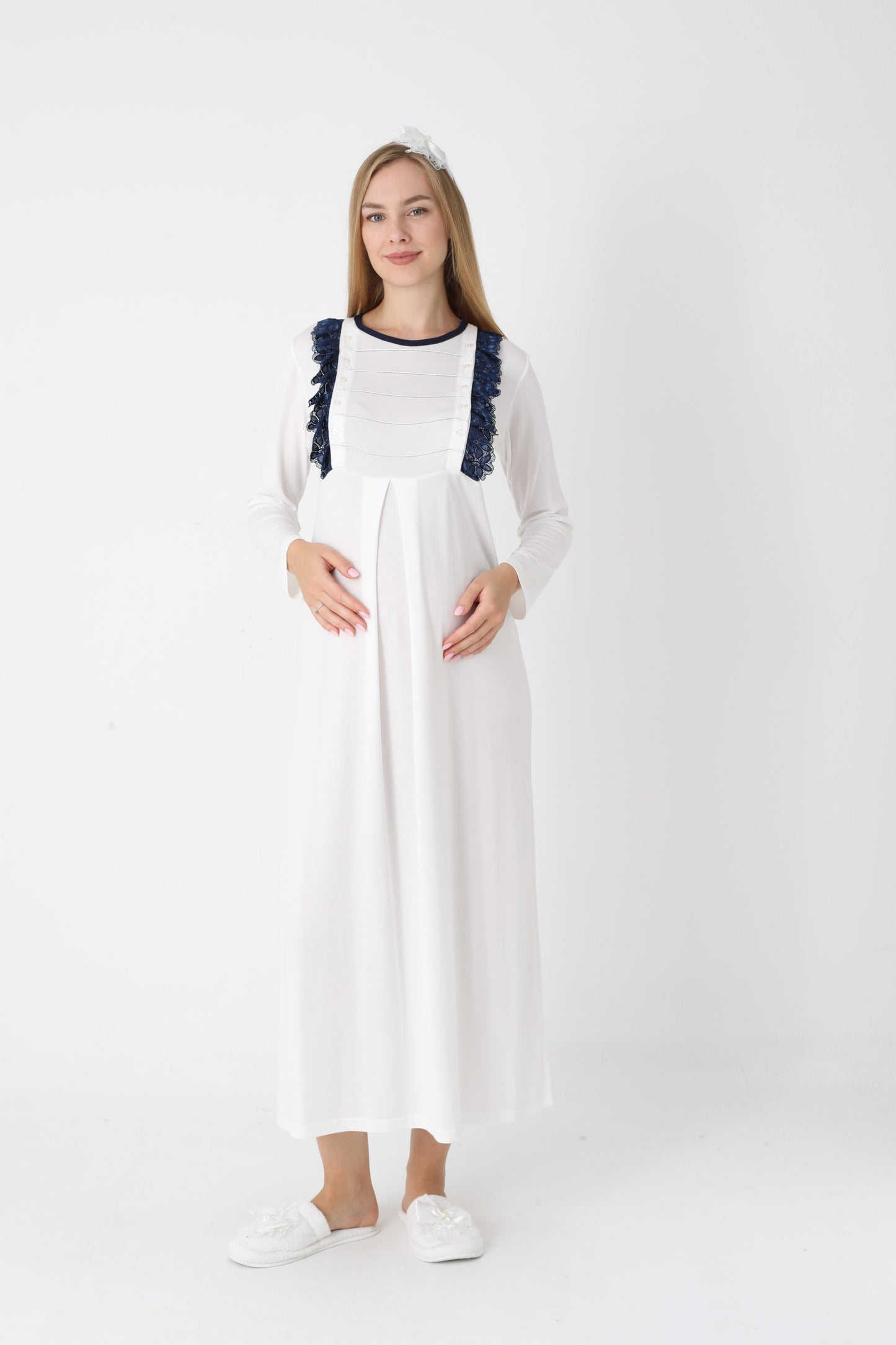 Hamile Lohusa Gecelik & Sabahlık 2’li Set – Puantiyeli Pamuklu Kumaş, Çift Taraflı Düğmeli Emzirme - 2308