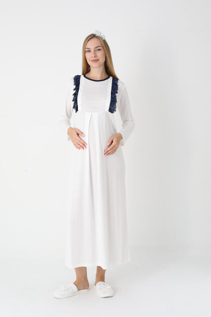 Hamile Lohusa Gecelik & Sabahlık 2’li Set – Puantiyeli Pamuklu Kumaş, Çift Taraflı Düğmeli Emzirme - 2308