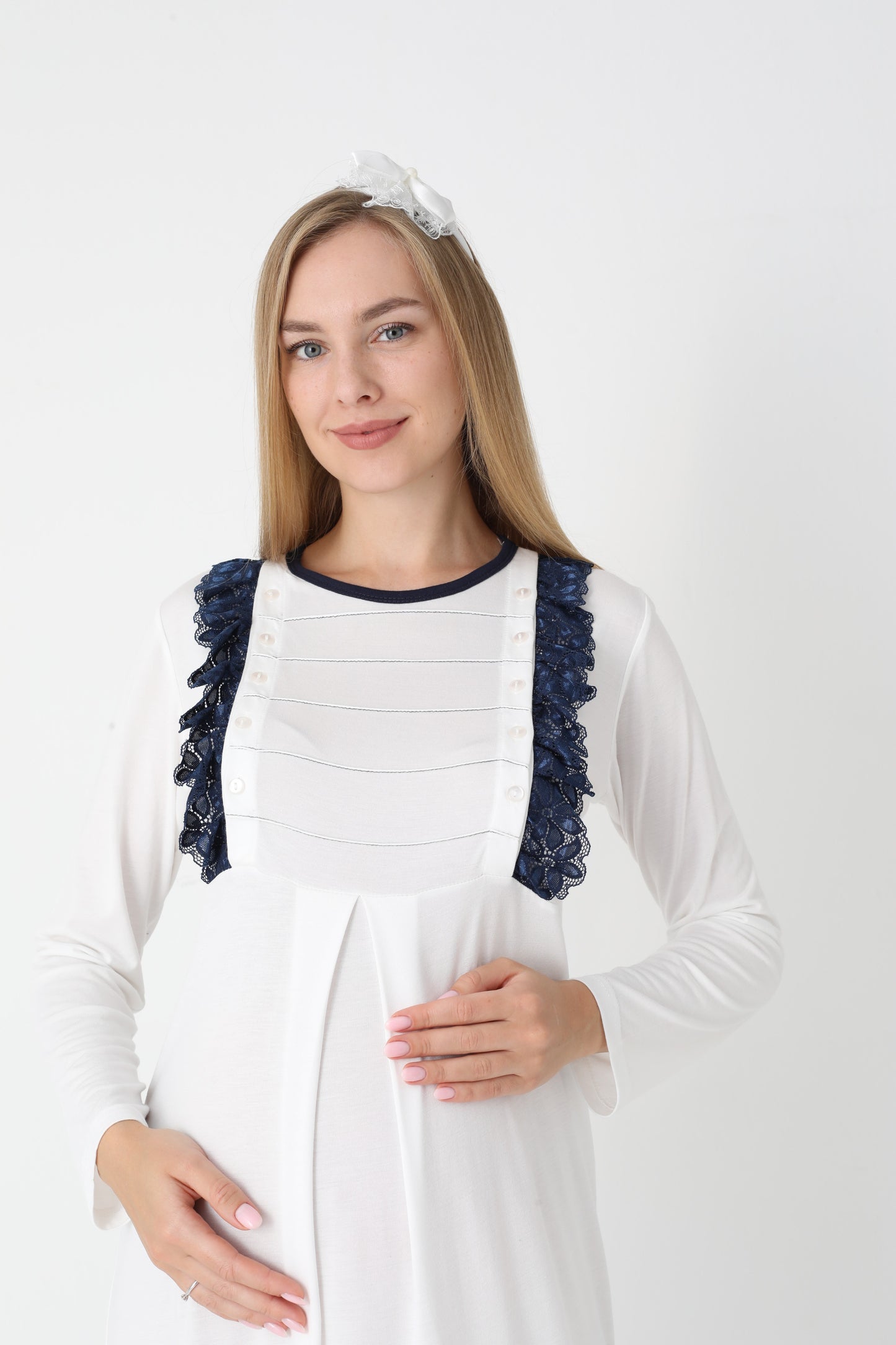 Hamile Lohusa Gecelik & Sabahlık 2’li Set – Puantiyeli Pamuklu Kumaş, Çift Taraflı Düğmeli Emzirme - 2308