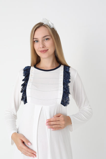 Hamile Lohusa Gecelik & Sabahlık 2’li Set – Puantiyeli Pamuklu Kumaş, Çift Taraflı Düğmeli Emzirme - 2308