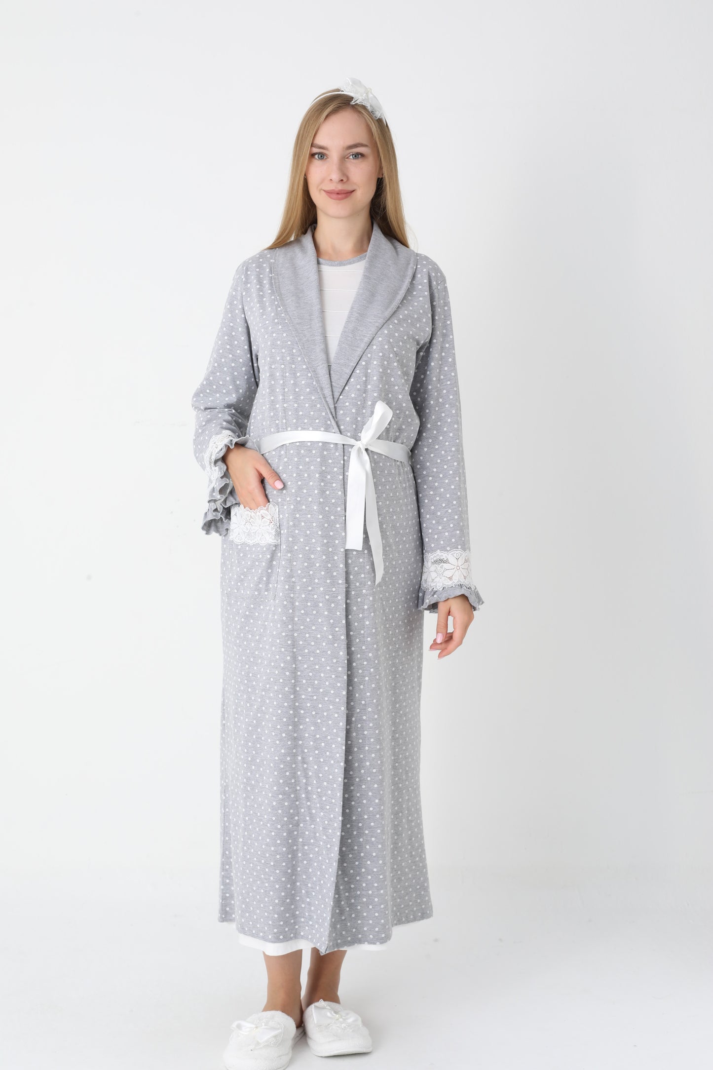 Hamile Lohusa Gecelik & Sabahlık 2’li Set – Puantiyeli Pamuklu Kumaş, Çift Taraflı Düğmeli Emzirme - 2308