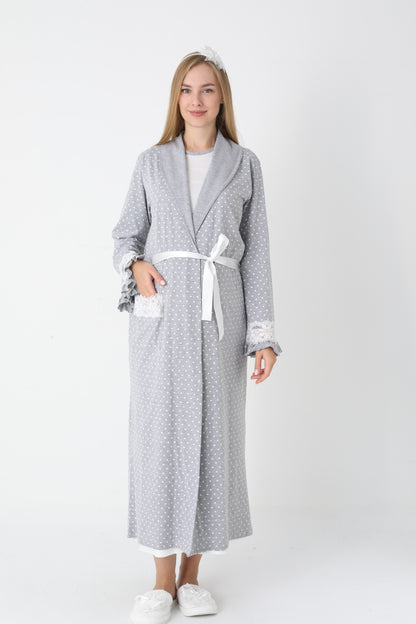 Hamile Lohusa Gecelik & Sabahlık 2’li Set – Puantiyeli Pamuklu Kumaş, Çift Taraflı Düğmeli Emzirme - 2308