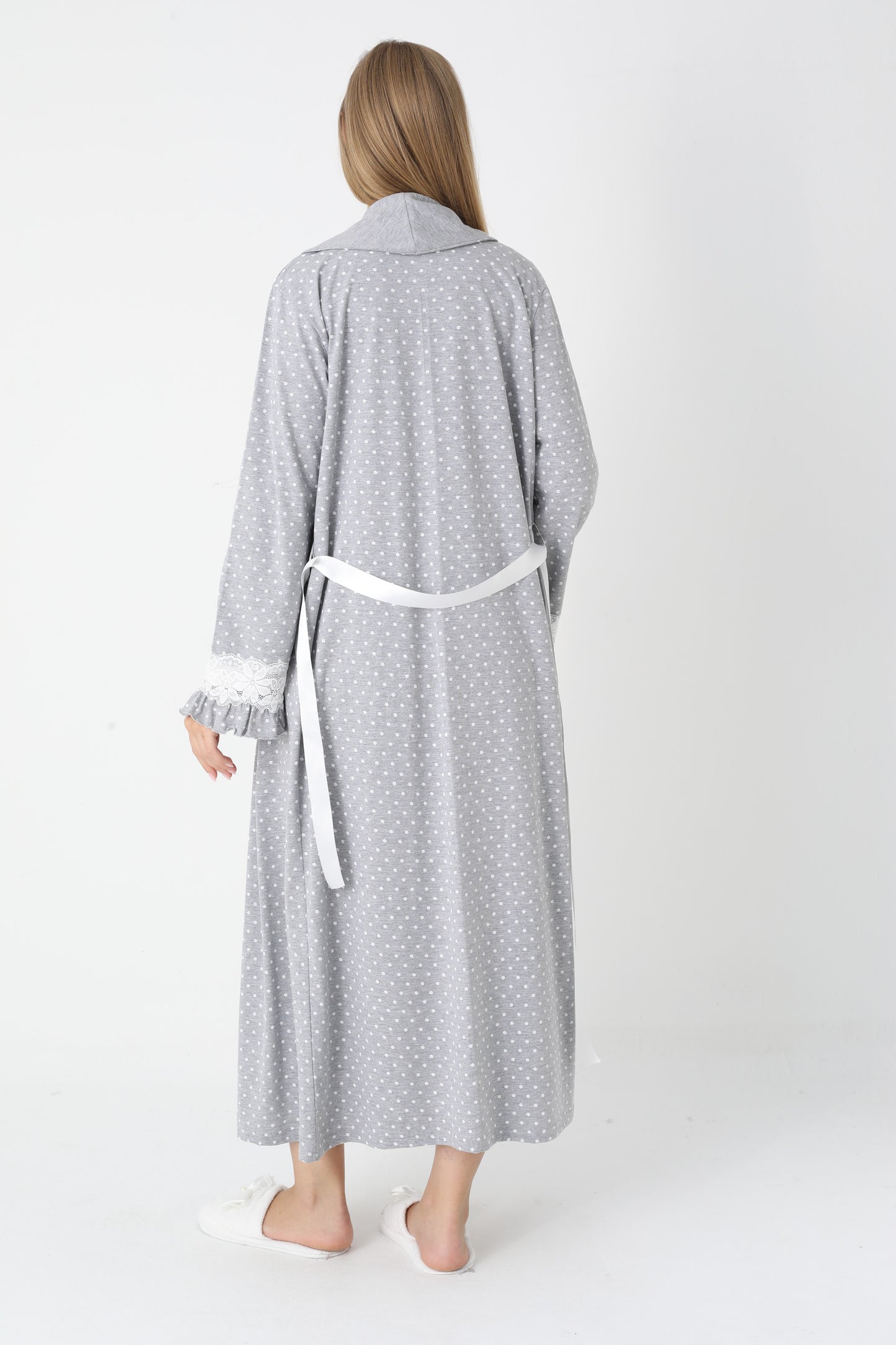 Hamile Lohusa Gecelik & Sabahlık 2’li Set – Puantiyeli Pamuklu Kumaş, Çift Taraflı Düğmeli Emzirme - 2308