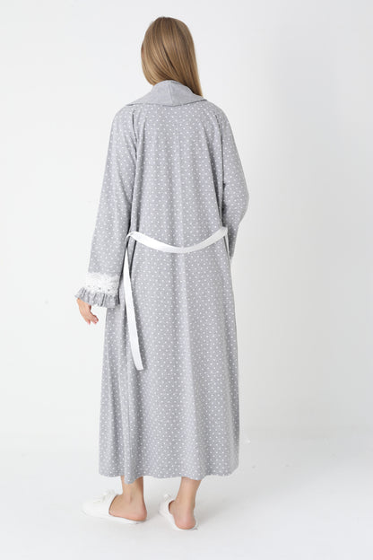 Hamile Lohusa Gecelik & Sabahlık 2’li Set – Puantiyeli Pamuklu Kumaş, Çift Taraflı Düğmeli Emzirme - 2308